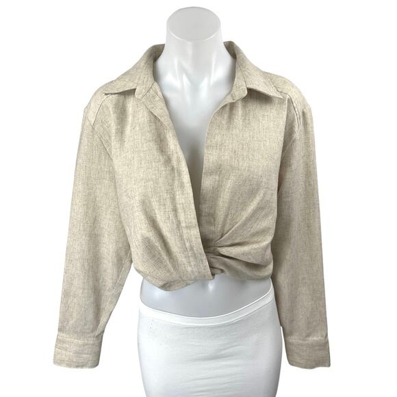 Zara Women's Beige Collared Long Sleeve Twist Front Cropped Shirt Top Size M - Picture 1 of 4
